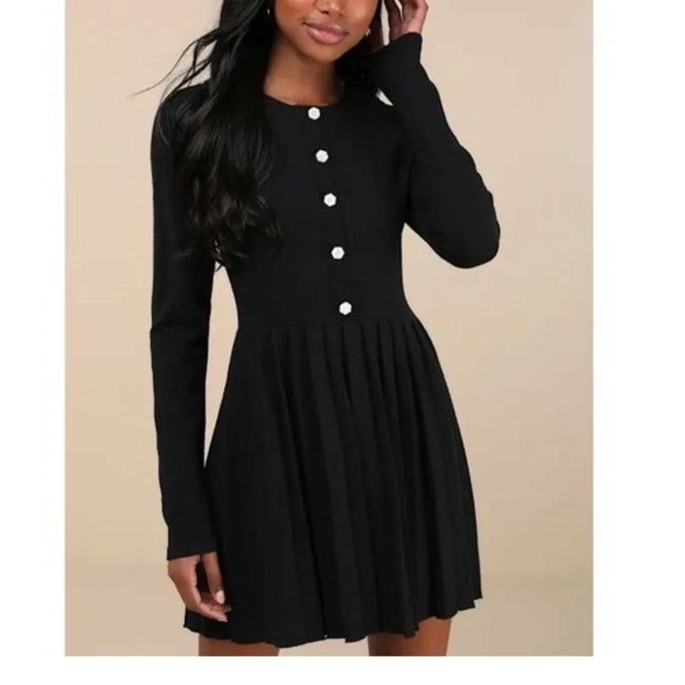 Lulus Black Ribbed Knit Button Front Pleated Skirt Dress Size M - Picture 1 of 15